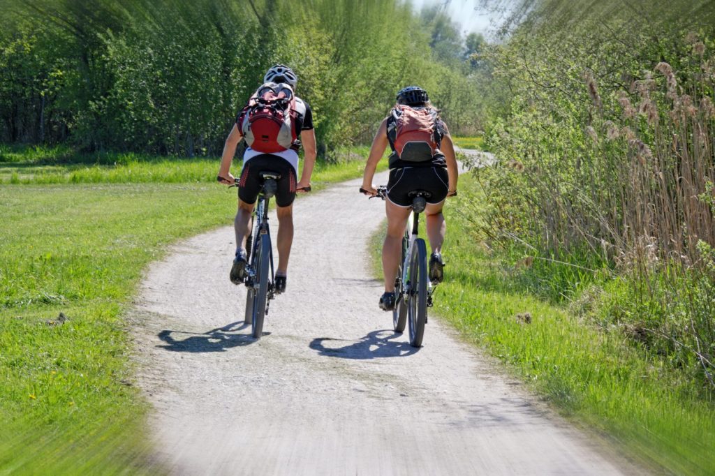 Two cyclists on a path in the park