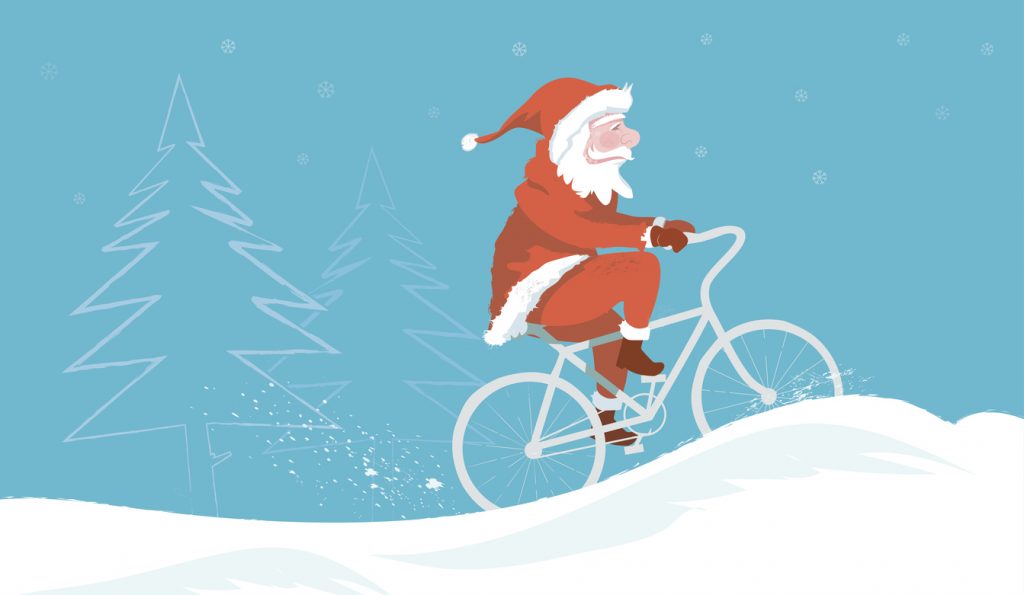 santa claus illustration on bike in blue winter landscape